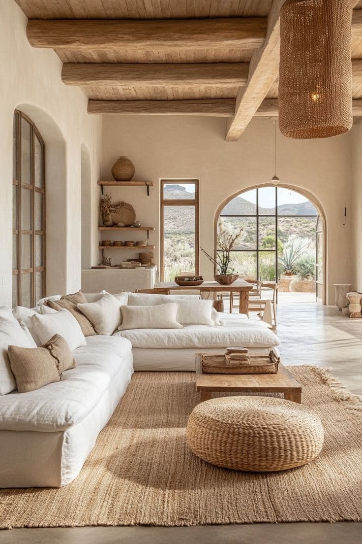 A bright living room with linen sofas